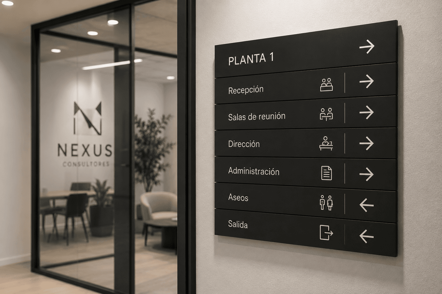 Señalética interior y directorio de planta para Nexus Consultores