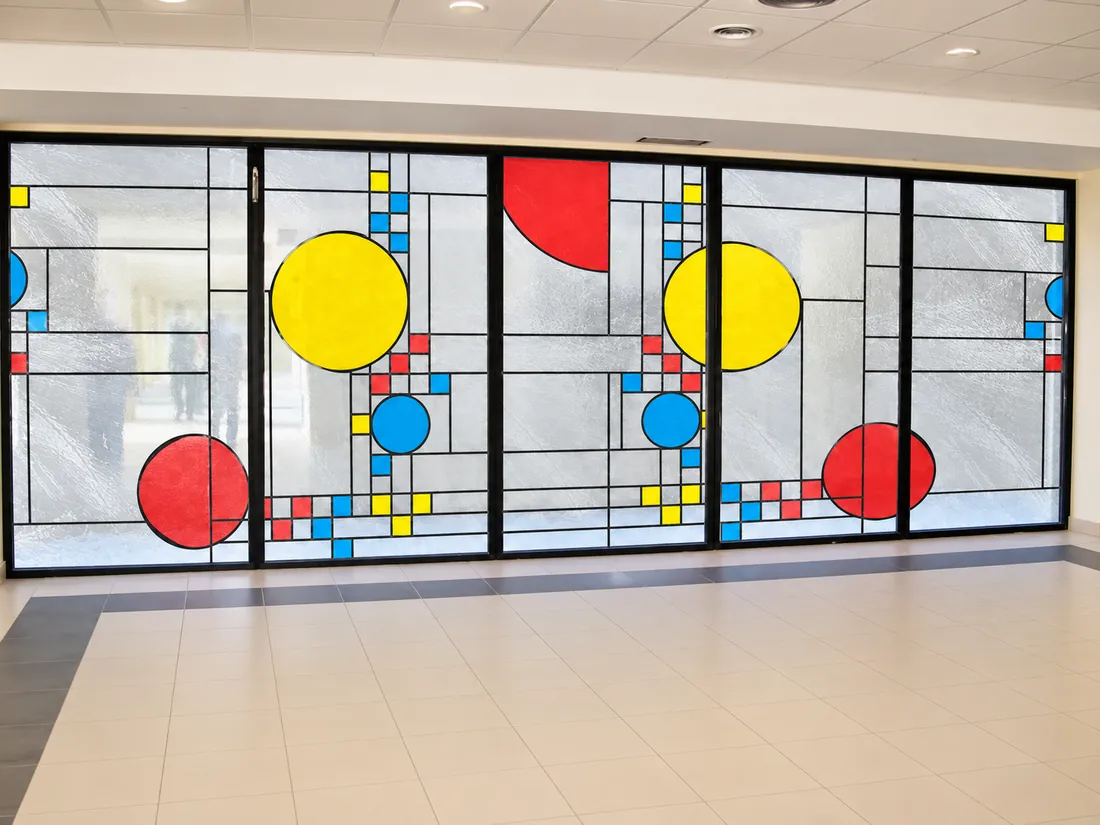 Mamparas acristaladas decoradas con vinilo de colores imitando una vidriera geométrica en un pasillo.