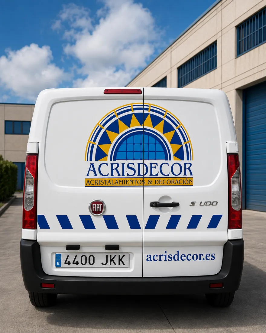 Parte trasera de una furgoneta blanca rotulada para Acrisdecor, con logotipo y datos de contacto.