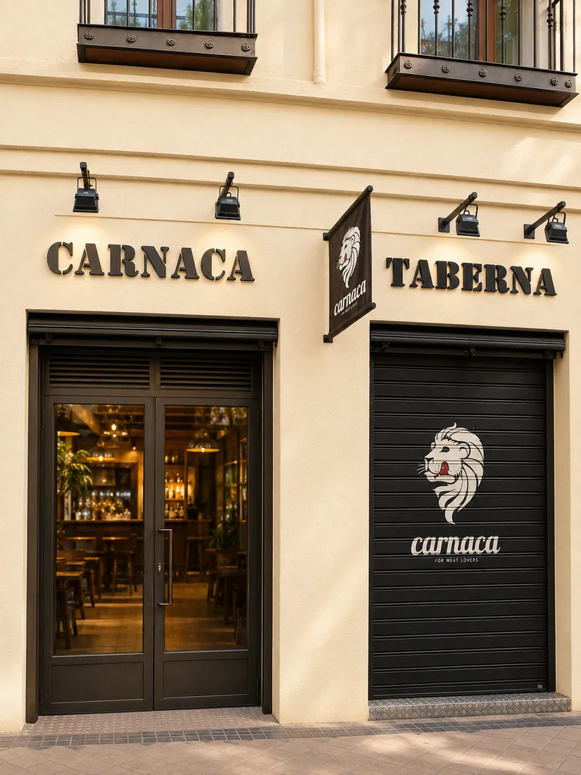 Fachada de Carnaca Taberna con rótulo retroiluminado y logotipo del león sobre la entrada.